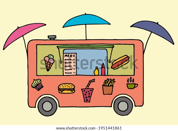 Catering van Food truck design. A small van, a\
diner on wheels. Hand\
Drawn.