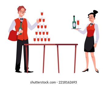 Catering waiters serving party or special event. Waiter and waitress treating guests with drinks in buffet, flat cartoon vector illustration isolated on white background.