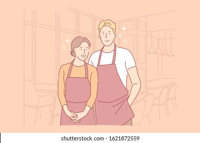 Catering workers concept. Waiter and waitress wearing uniform with aprons, preparing banquets, serving food in restaurant, cafe, cafeteria, profession, occupation, job. Simple flat vector