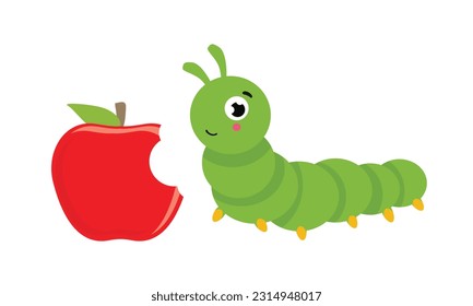 Ilustración del vector de oruga y manzana para niños. Aislado sobre fondo blanco