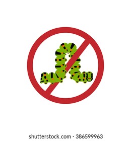 Caterpillar ban red crossed circle symbol. Caterpillar park, forest, farm security. Insecticide logo. Modern flat style crossed Caterpillar icon. Walk caterpillar cartoon character.