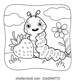 Caterpillar black and white. Coloring book or Coloring page for kids. Nature background vector illustration