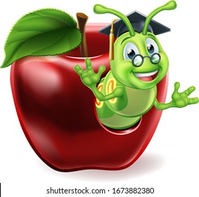 A caterpillar book worm cute cartoon character education mascot coming out of an apple wearing graduation hat and glasses