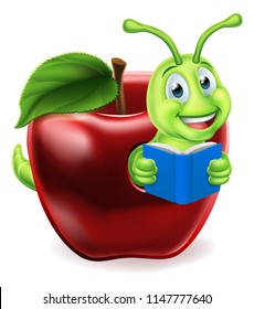 A caterpillar bookworm worm cute cartoon character education mascot reading a book coming out of an apple 