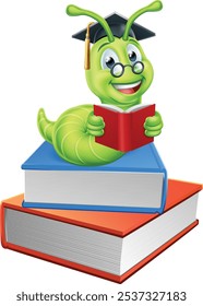 Um verme de biblioteca lagarta bonitinho personagem de desenho animado mascote educação usando chapéu de graduação e óculos lendo em uma pilha de livros
