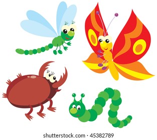 Caterpillar, butterfly, dragonfly and beetle