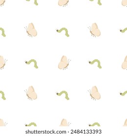 Caterpillar and butterfly seamless pattern. Simple flat design with insects. Cartoon vector pattern with bugs. Hand drawn illustration for print design. 