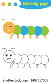 Caterpillar in cartoon style, coloring page, spring education paper game for the development of children, kids preschool activity, printable worksheet, vector illustration