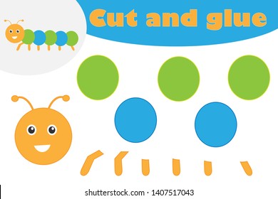 Caterpillar in cartoon style, education game for the development of preschool children, use scissors and glue to create the applique, cut parts of the image and glue on the paper, vector illustration