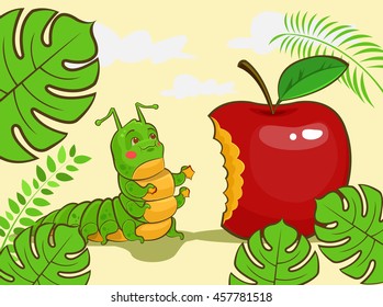 Caterpillar character eating red apple. Vector cartoon illustration