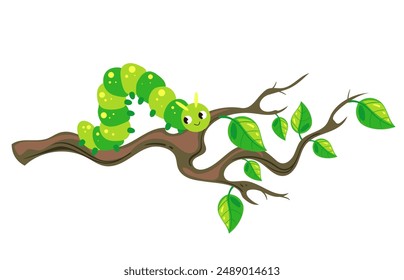 Caterpillar character sitting on branch concept. Vector flat graphic design illustration