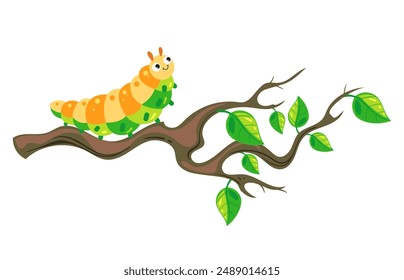 Caterpillar character sitting on branch concept. Vector flat graphic design illustration