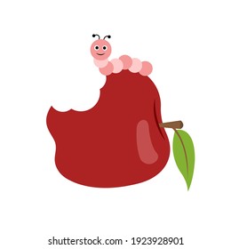 Caterpillar crawling and eating red apple isolated on white. Cute cartoon character. Vector illustration. Flat style