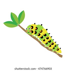 Caterpillar crawling on the branch animal cartoon character isolated on white background.