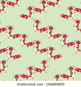Caterpillar cute seamless pattern. Cartoons funny red green object isolated on light green design element stock vector illustration for web, for print, for textile
