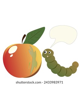 Caterpillar with dialogue cloud inspecting fresh apple