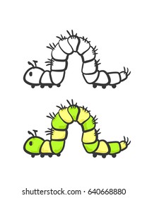 Caterpillar doodle green colored and black and white, Vector illustration