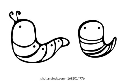 Caterpillar drawn by a line. Set of small, thick, simple caterpillars, doodle style. Print for children's coloring, print for clothes, t-shirts, cups, postcard. Coloring. Vector. Line insect.