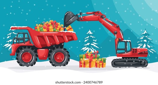 Caterpillar excavator loading Christmas gifts to a mining truck. Christmas winter landscape with snow. Celebrating the beginning of a happy new year. Heavy machinery in the construction industry