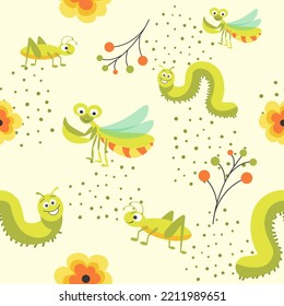 Caterpillar and flies, grasshopper insect funny characters. Branches and twigs with leaves and foliage, flowers in blossom. Seamless pattern, wallpaper or background print. Vector in flat style