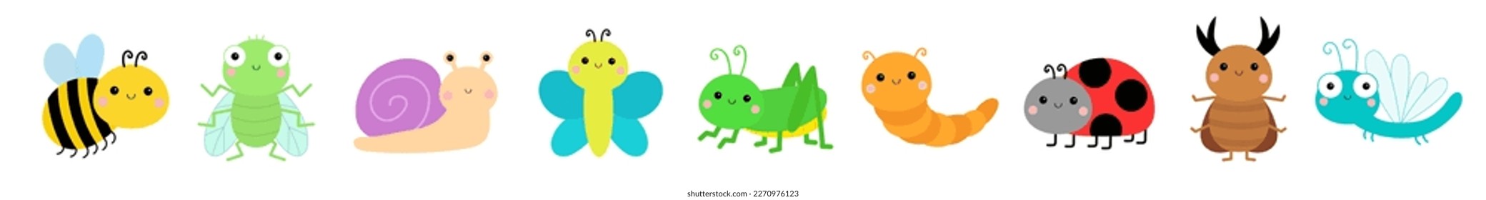 Caterpillar, fly housefly bee, bumblebee grasshopper, dragonfly, snail, ladybug ladybird, butterfly, lady bug, catapillar. Insect set. Cute cartoon kawaii animal. Flat design. White background. Vector