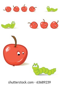 The caterpillar hunts for apples. A comics. A set of the isolated objects.