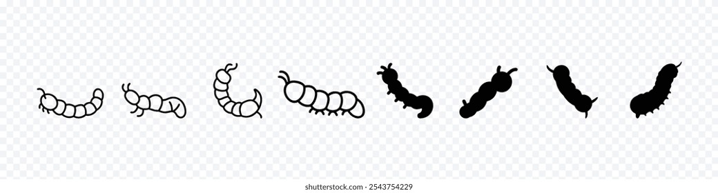 Ícone Caterpillar, Conjunto de ícone Caterpillar, Silhueta Caterpillar no fundo branco. Ícones da lagarta