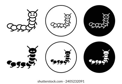 Icono de oruga. larva de oruga de oruga de la fauna silvestre pequeña sobre el conjunto de símbolos de la hoja vegetal. pesticida de césped para la marca de señas de gusano de seda.