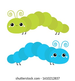 Caterpillar insect icon set. Crawling catapillar bug. Cute cartoon funny kawaii baby animal character. Smiling face. Flat design. Colorful bright green blue color. White background. Isolated. Vector