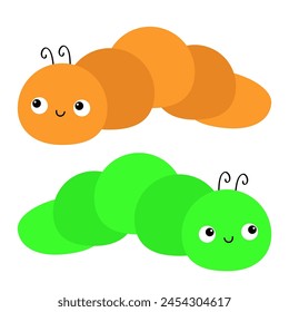 Caterpillar insect icon set. Crawling catapillar bug. Cute kawaii cartoon funny character. Baby collection. Colorful bright green orange color. Childish style. Flat design. White background. Vector