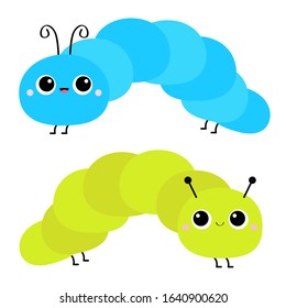 Caterpillar insect icon set. Cute crawling catapillar bug. Cartoon funny kawaii baby animal character. Smiling face. Colorful bright blue green color. Flat design. White background. Isolated. Vector