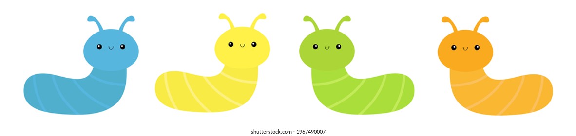 Caterpillar-Insektensymbol-Symbol-Set. Cute Crawling Bug. Cartoon kawaii lustige Babyfigur. Lächelndes Gesicht. Farbige, hellgrüne, gelbe Orangenfarbe. Flaches Design. Weißer Hintergrund. Vektorgrafik