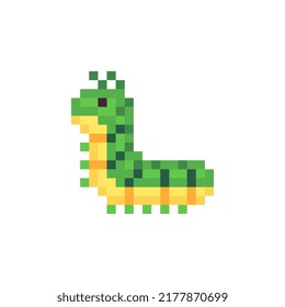 Caterpillar insect. Pixel art 80s style icons. Element design for stickers, logo, embroidery, mobile app. Video game assets 8-bit sprite. Isolated vector illustration.