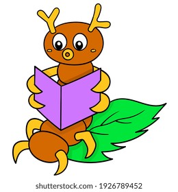 a caterpillar insect is sitting on a leaf reading a book, vector illustration art. doodle icon image kawaii.