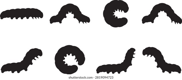 Caterpillar insects crawl pose black silhouette icon set