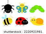 Caterpillar, ladybug ladybird, spider, bee bumblebee, butterfly, lady bug, snail. Insect set. Cute cartoon kawaii funny baby animal character. Flat design. Isolated. White background. Vector