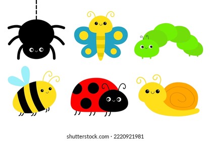 Caterpillar, ladybug ladybird, spider, bee bumblebee, butterfly, lady bug, snail. Insect set. Cute cartoon kawaii funny baby animal character. Flat design. Isolated. White background. Vector