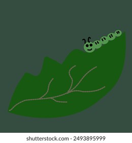 Caterpillar and leaves. Caterpillars are eating green leaves. Its body was as green as the leaves. The body is jointed. Looks all blended in Can be used as a picture of children's cartoons.