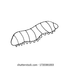 Caterpillar with legs. Vector isolated illustration with a caterpillar. Insect on a white background. Printing on fabrics, dishes, and clothing. Doodle style. The world of insects. Book design. Doodle