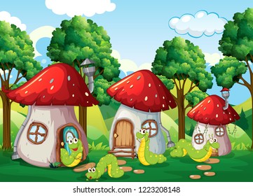 Caterpillar at the mushroom house illustration