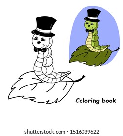 Caterpillar on a leaf. Coloring book. Cartoon vector illustration