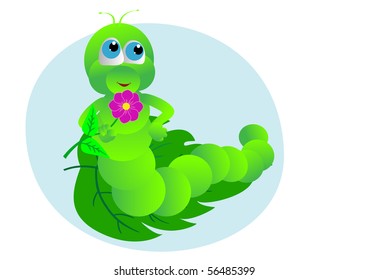 Caterpillar on  leaf with a flower. Vector  illustration.