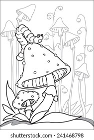 Caterpillar on top of mushroom. Big caterpillar sitting on the top of large poisonous mushroom. Around grow toadstools and forest grass. Coloring page