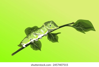 a caterpillar on a tree branch with a bright green gradient background