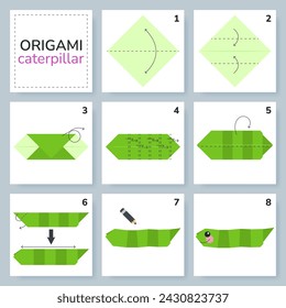 Caterpillar origami scheme tutorial moving model. Origami for kids. Step by step how to make cute paper insect. Vector illustration.