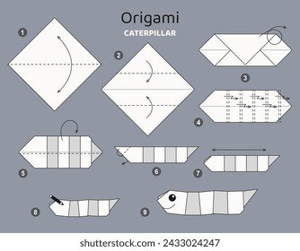 Caterpillar origami scheme tutorial moving model. Origami for kids. Step by step how to make cute paper insect. Vector illustration.