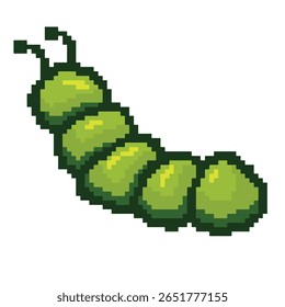 Um bonito e adorável ícone de pixel de lagarta. Adequado para logotipos comerciais, adesivos e elementos de jogos. Arte colorida em pixel de animais. Uma lagarta verde caminhando.