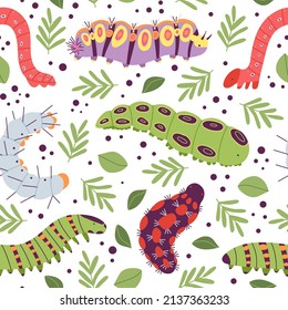 Caterpillar print. Insect caterpillars background, spring garden wildlife. Isolated nature elements, leaves and bugs decent vector seamless pattern design for fabric