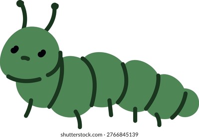 Caterpillar with segments, antennae, and tiny legs in side view, clean outline and friendly face. Symbol of growth, metamorphosis, nature, and learning. Cartoon vector illustration.