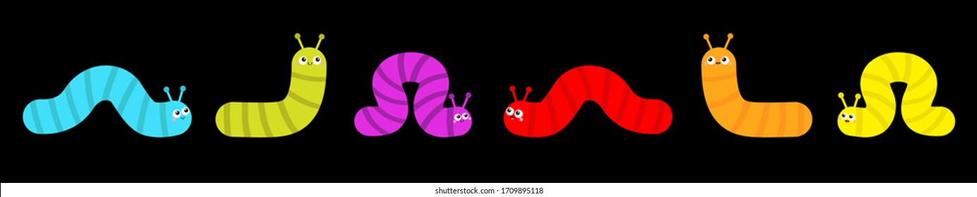 Caterpillar set. Cute crawling bug. Insect icon line. Cartoon funny kawaii baby animal character. Smiling face. Colorful bright green blue yellow red orange color. Flat design. Black background Vector